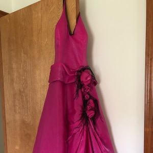 Hot pink long prom dress with black feathers